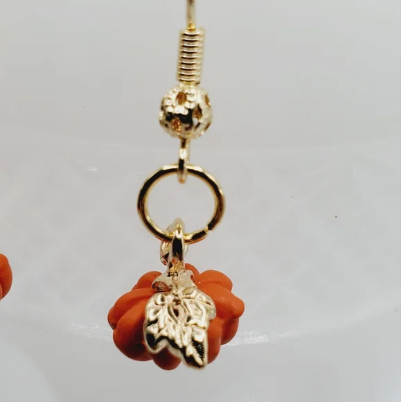 Orange pumpkin earrings 18k gold filigree handmade artisan fall Thanksgiving New - Picture 4 of 6
